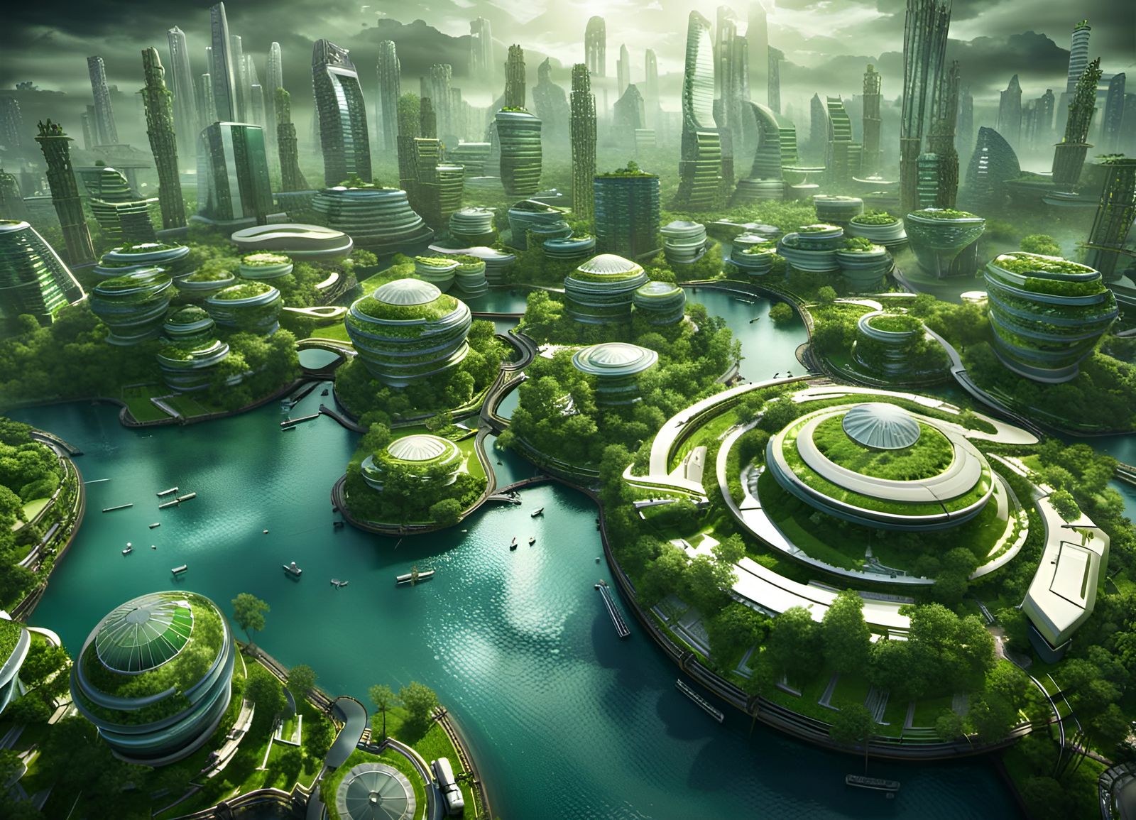 A pristine eco-city with lush green spaces and self-sustaini...