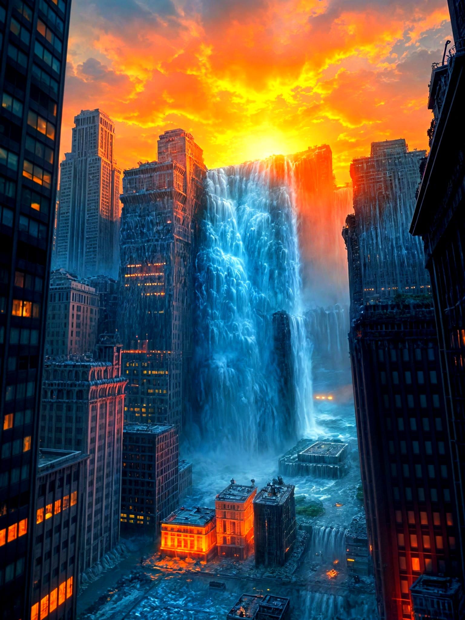 Colossal Waterfall Flooding New York: Impressionist Painting