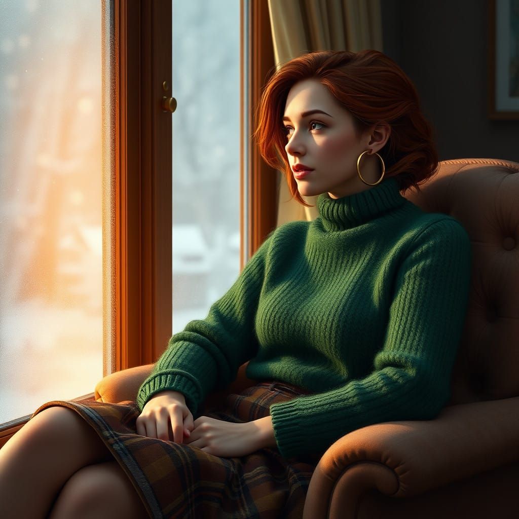 Serenely Beautiful Woman in Cozy Winter Scene