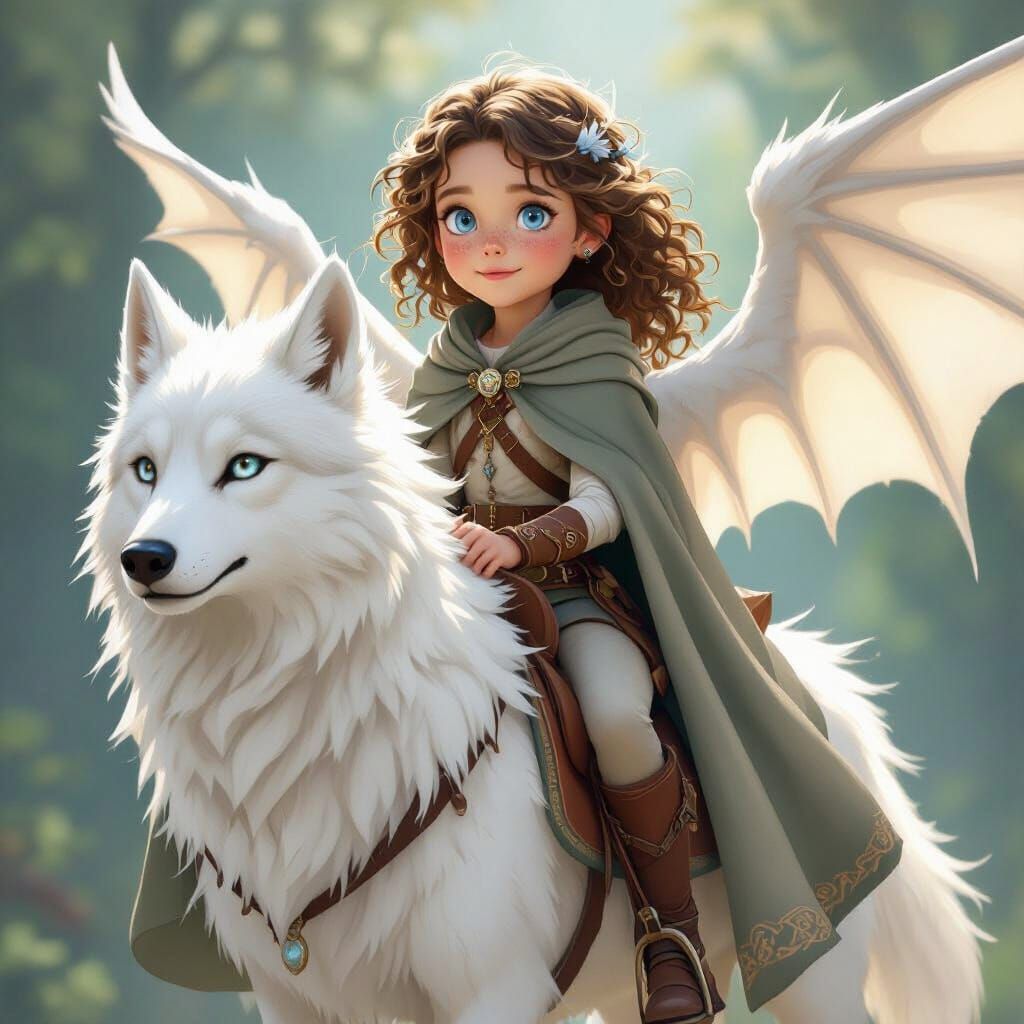 Girl on Dragon-Winged Wolf in Miyazaki Style