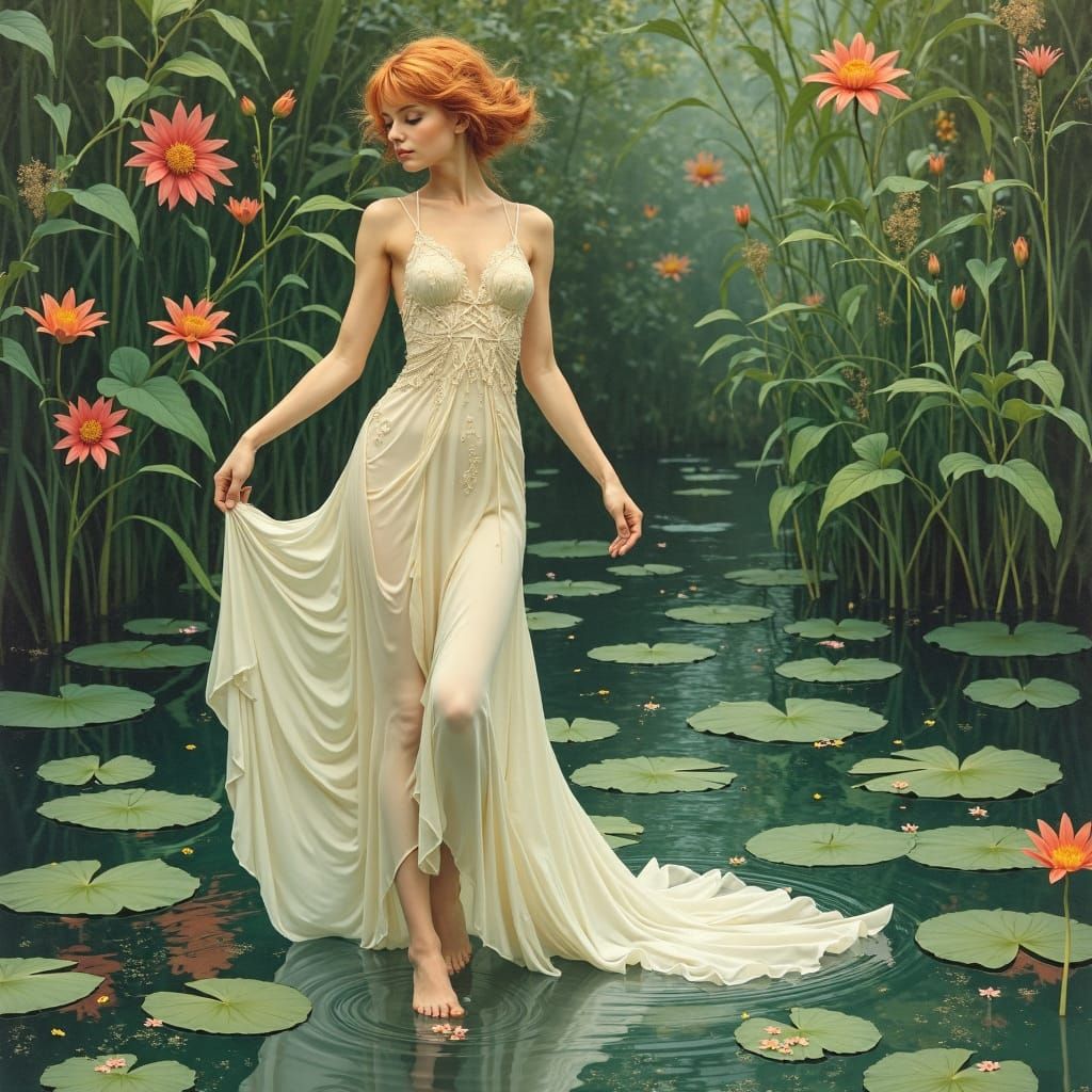 Water Nymph on Lily Pad in Art Nouveau Style