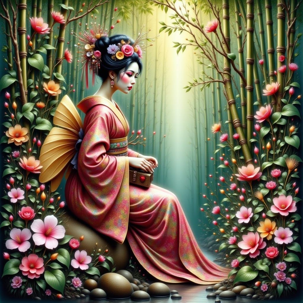Geisha Fairy in Bamboo Forest, Watercolor Style
