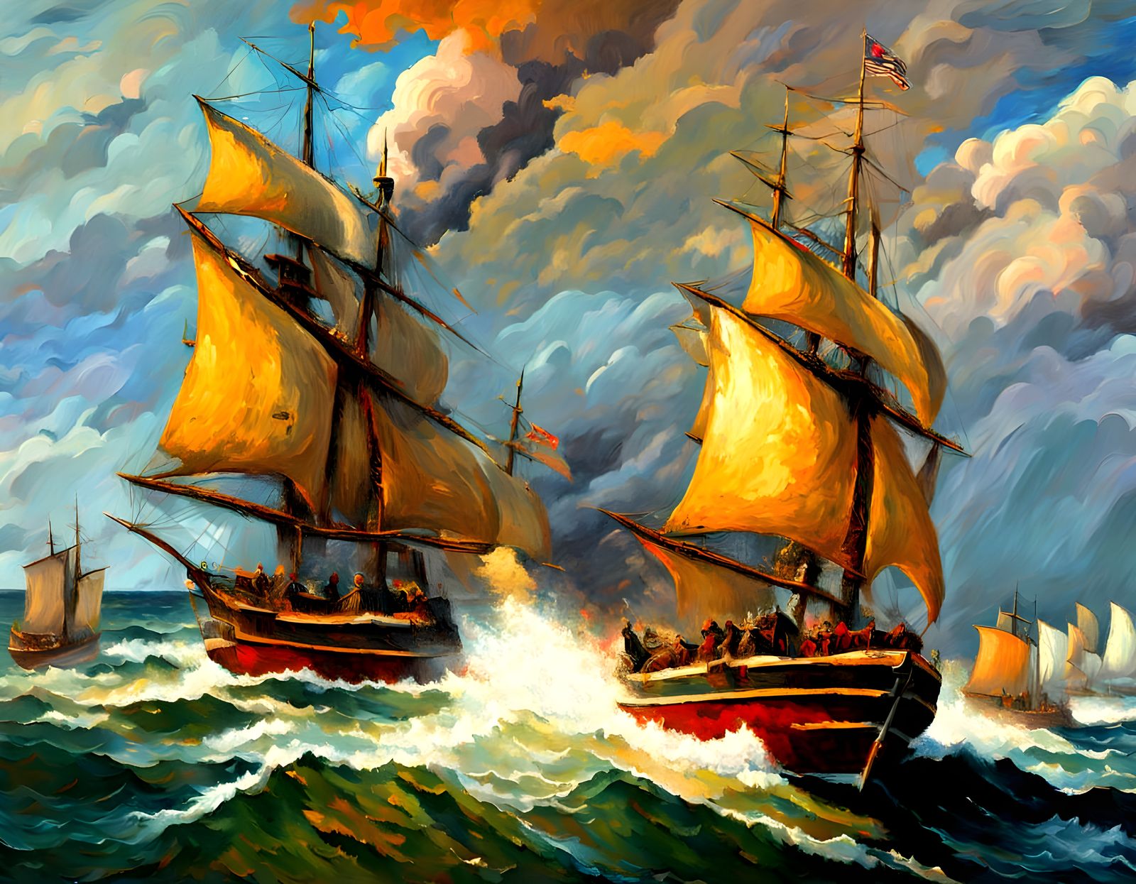 Epic Great Lakes Ship Battle in Neo-Impressionist Style
