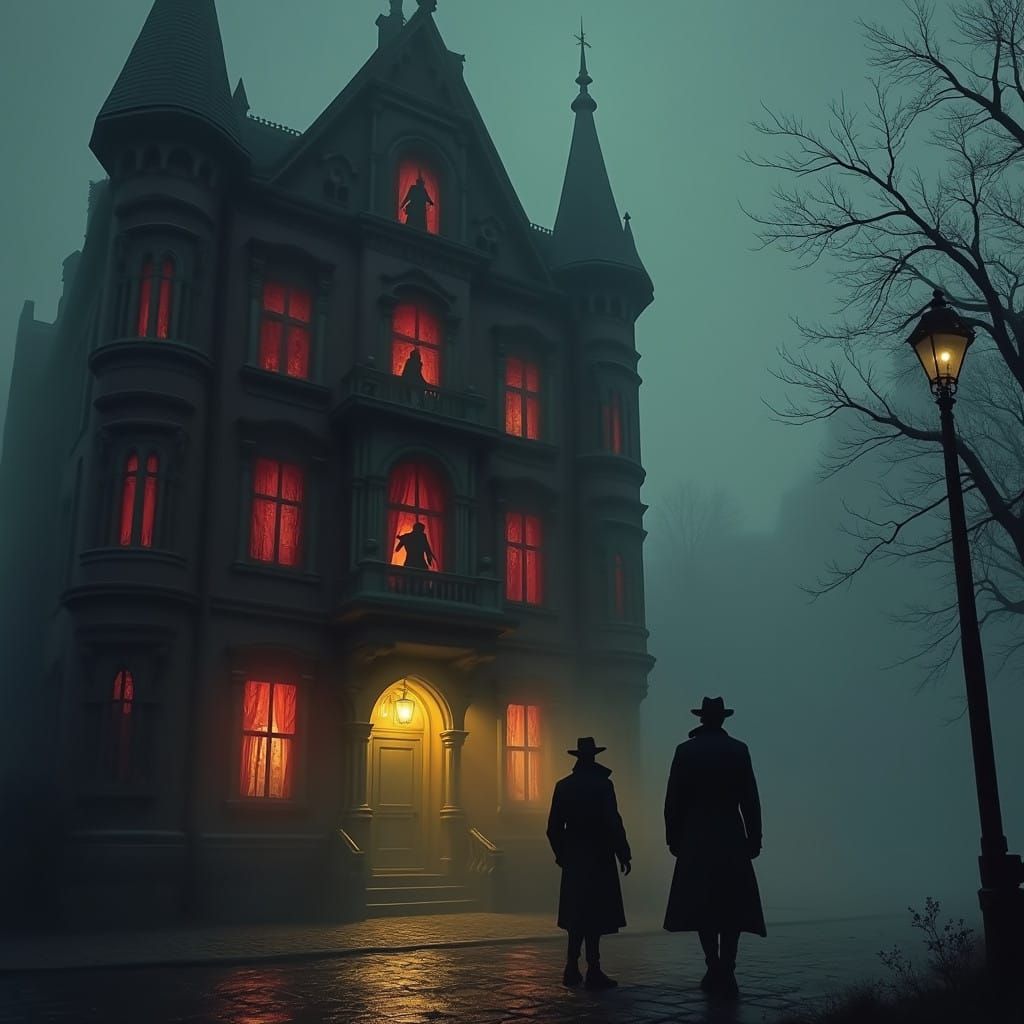 Noir Detectives Stand Before Deedton House