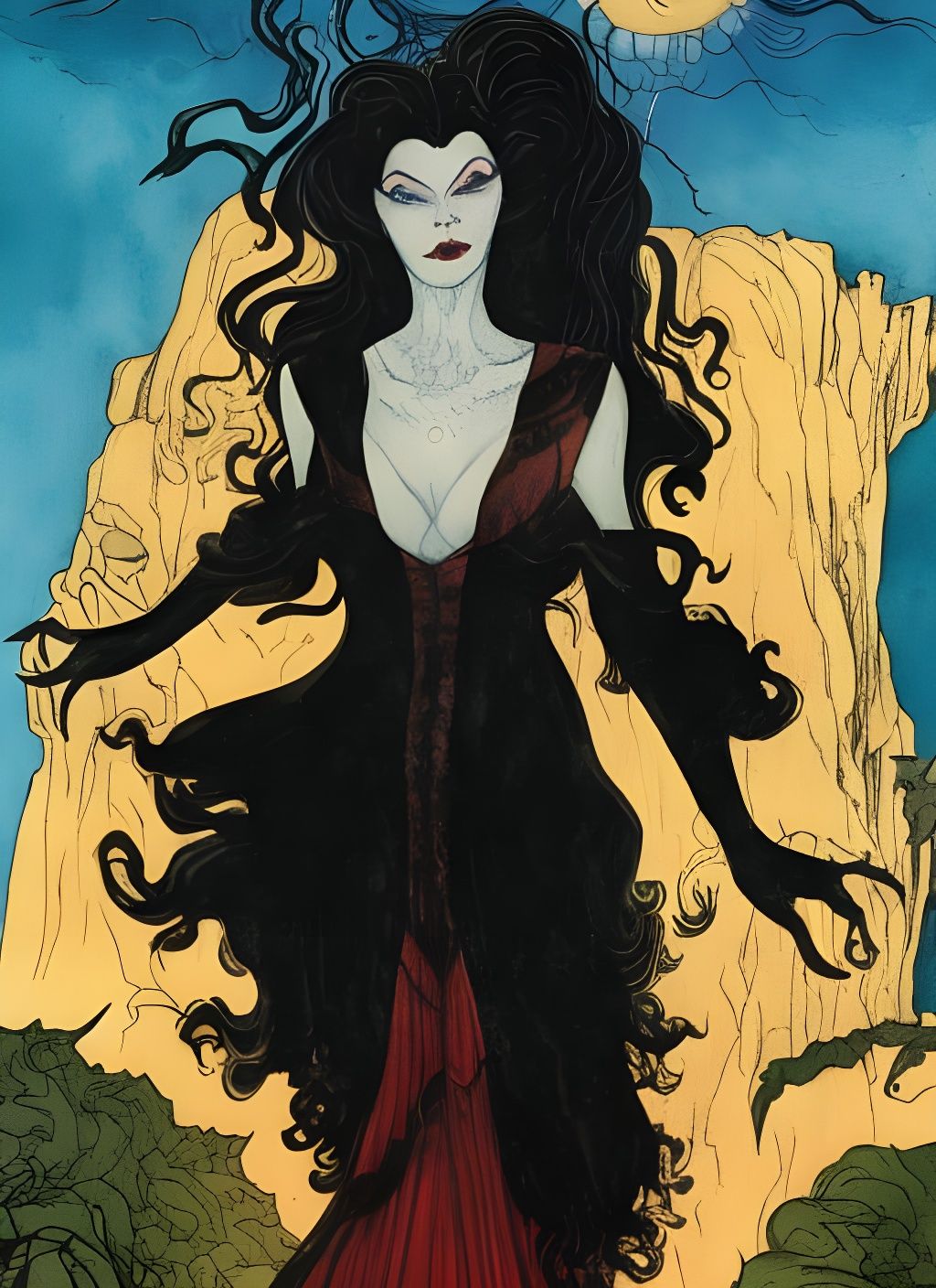 Female Vampire Portrait in Ink and Watercolor Style