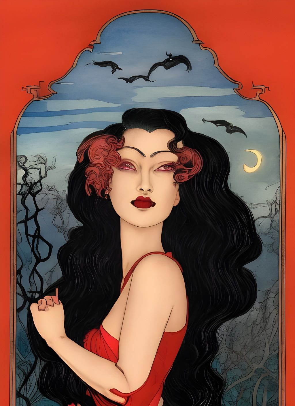 Vampire Woman Portrait in Ink and Watercolor Style