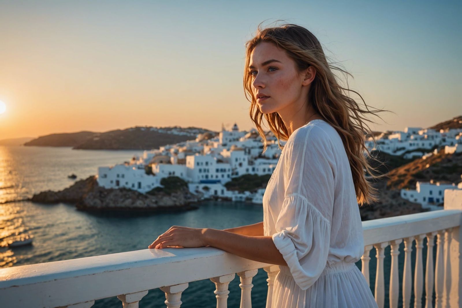 Mykonos Sunset: Hyperrealistic Portrait of a Girl