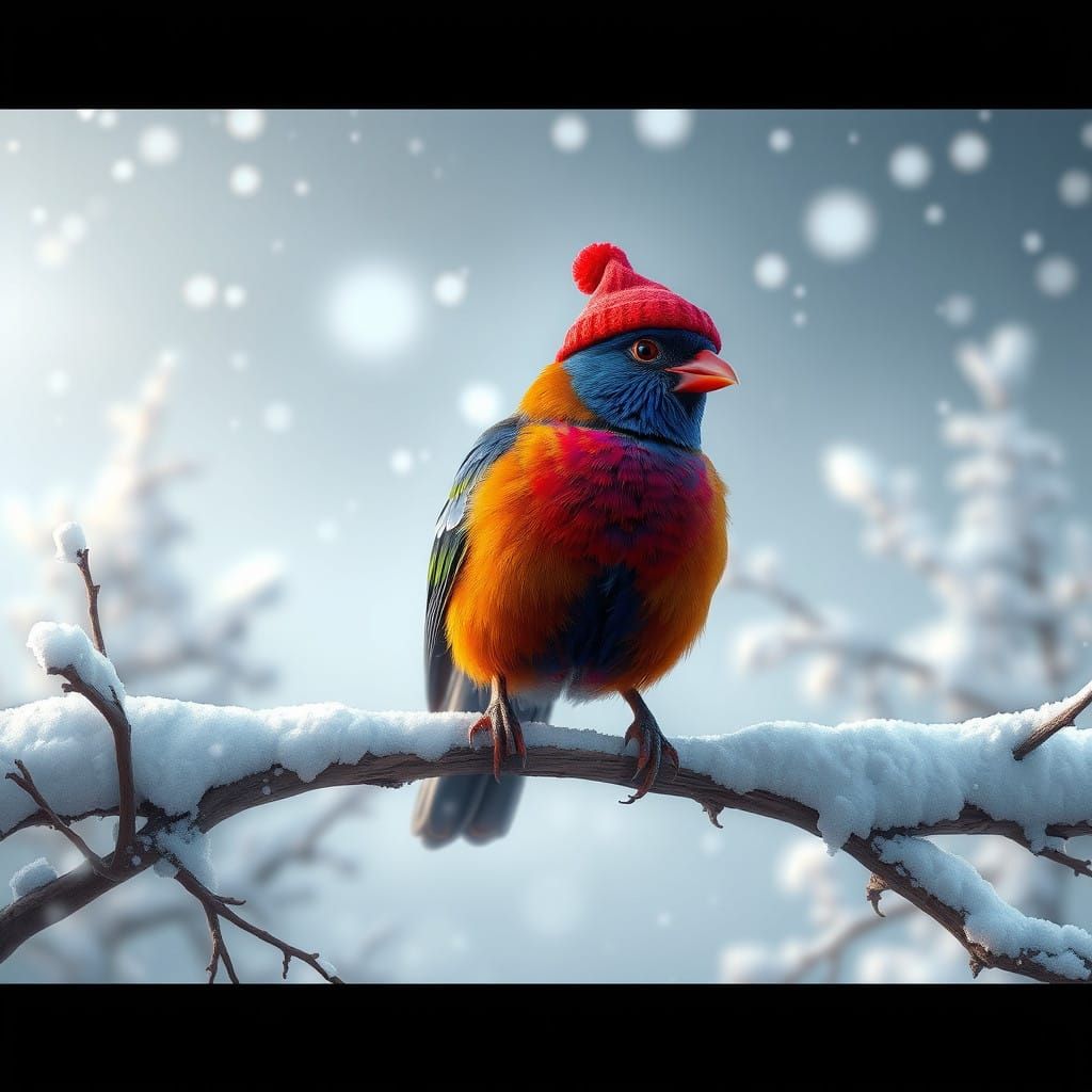 Elegant Bird Perched on Branch in Winter Wonderland Scene