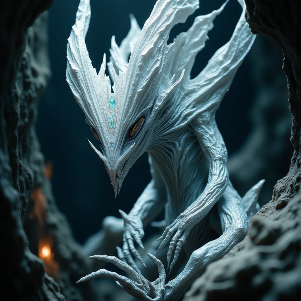 Diamond-Skinned Alien Creature in Dark Cavern