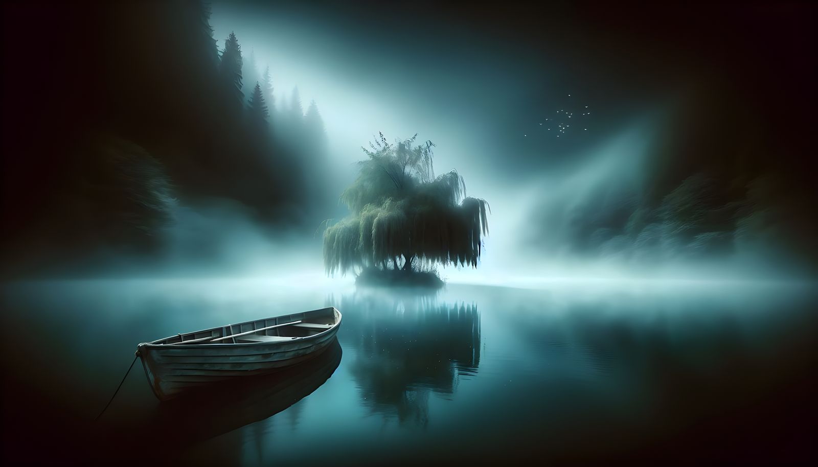 Misty Lake with Weeping Willow in Photorealistic Style
