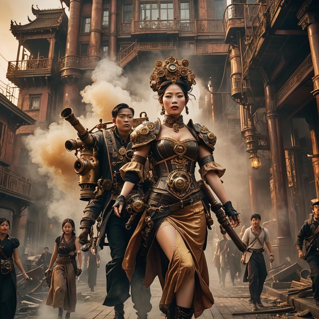 Steampunk Asian Queen in Industrial Cityscape