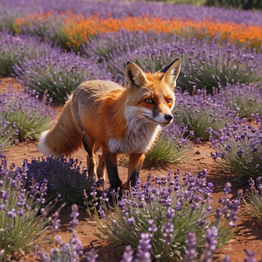 Fox in Lavender Field as Digital Oil Painting