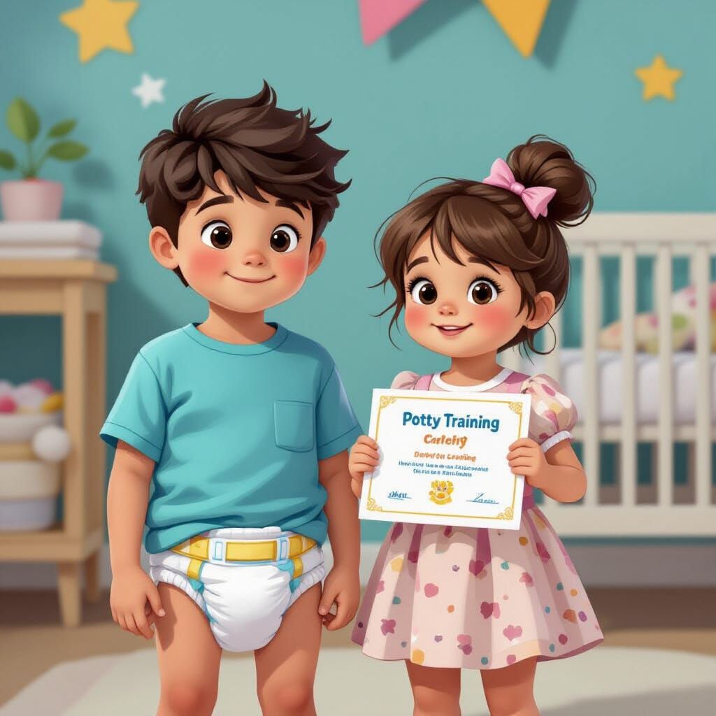 Whimsical Nursery Scene with Boy in Diaper, Cartoon Style