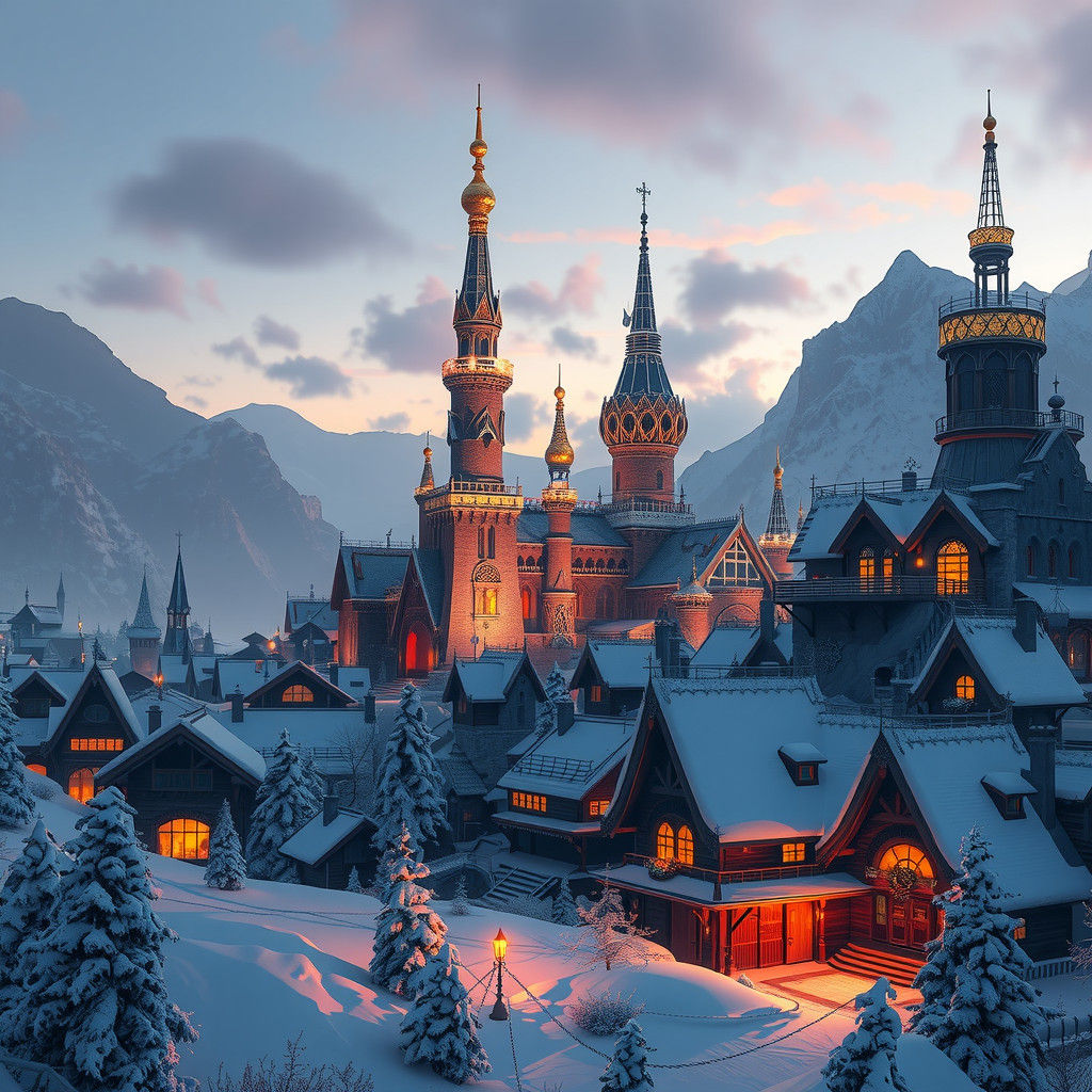 Majestic Winter Village at Dusk in Fantasy Style