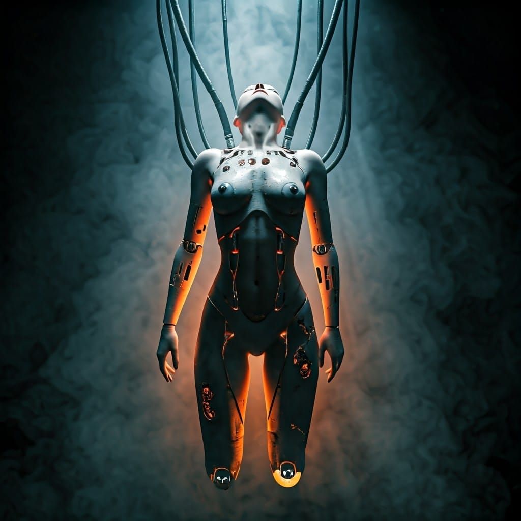 Wrecked Cyborg in Destroyed Retrofuturist Lab