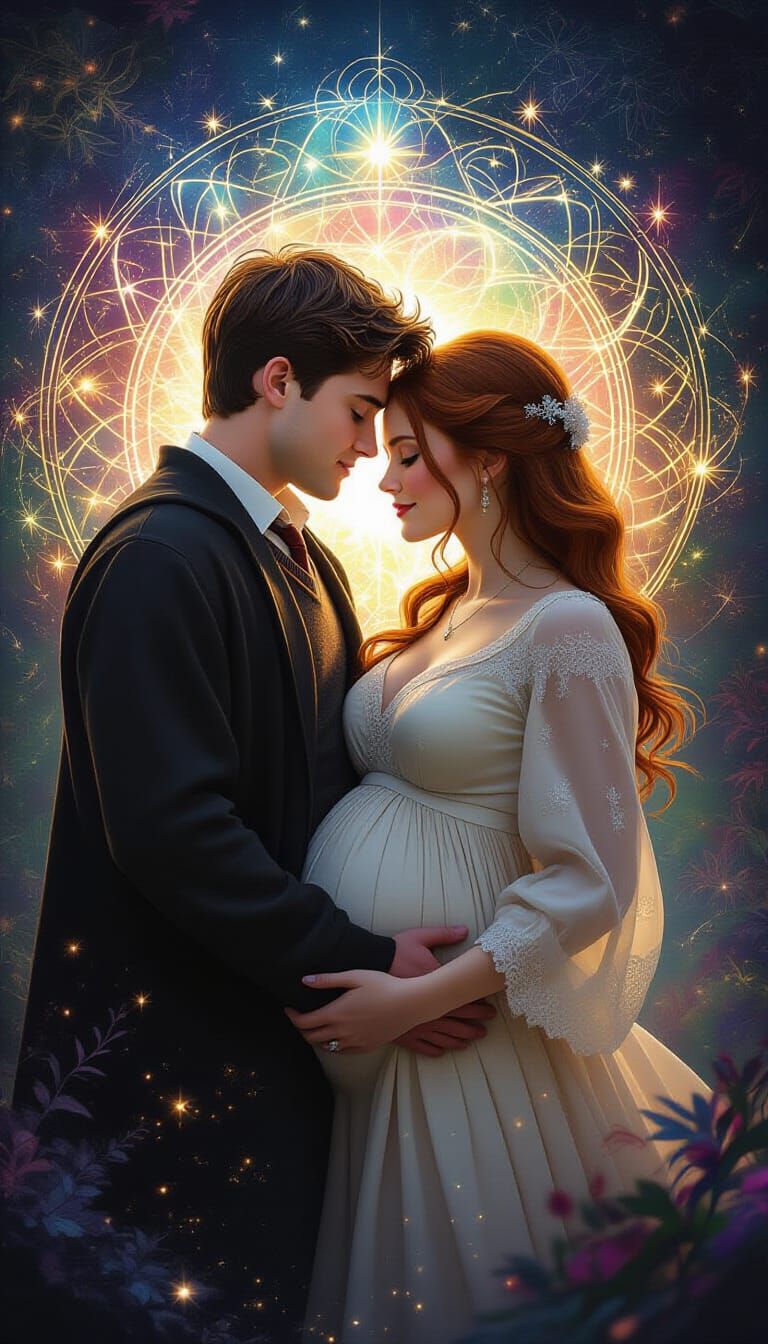 Ginny and Harry: Pregnant Embrace in Astral Illustration Sty...