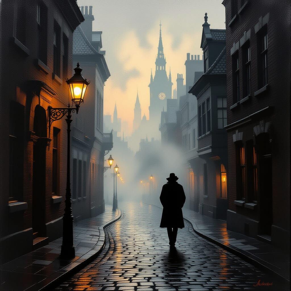 Foggy European Street at Dawn in Moody Oil Painting Style