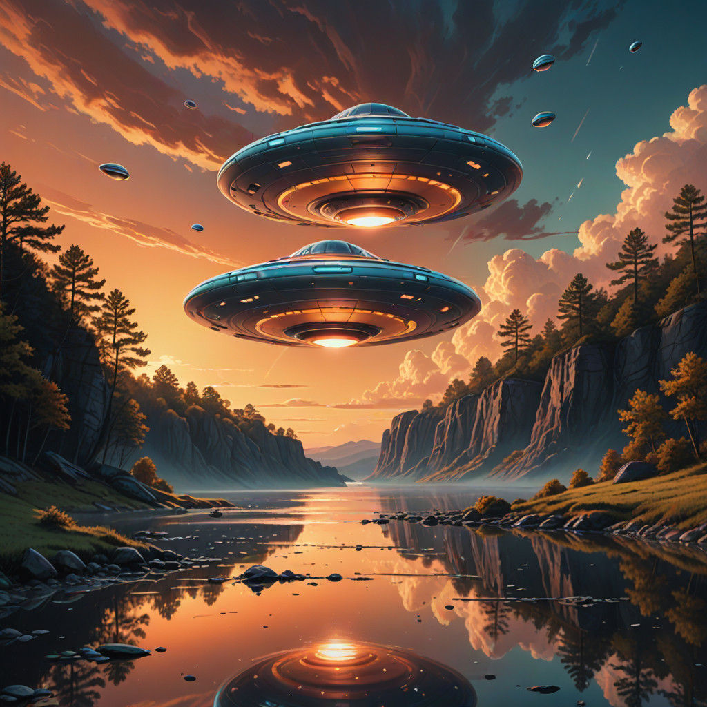 Flying Saucers Over New Jersey Landscape in Retro-Futuristic...