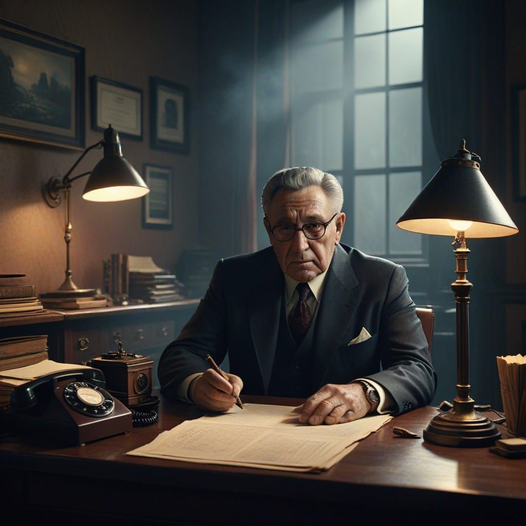 Cinematic Portrait of Henry Kissinger in Noir Style