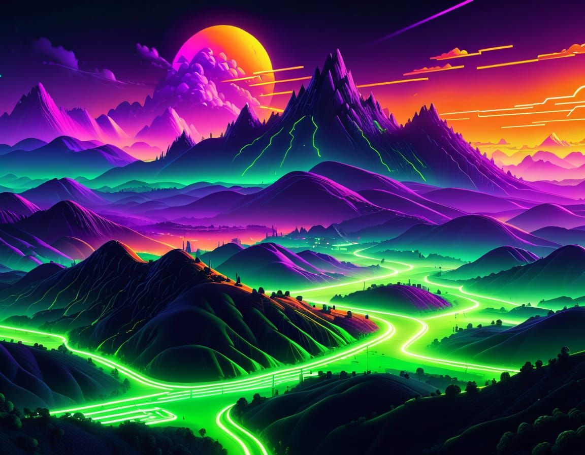 Neon Landscape in Vibrant Pixel Art Style