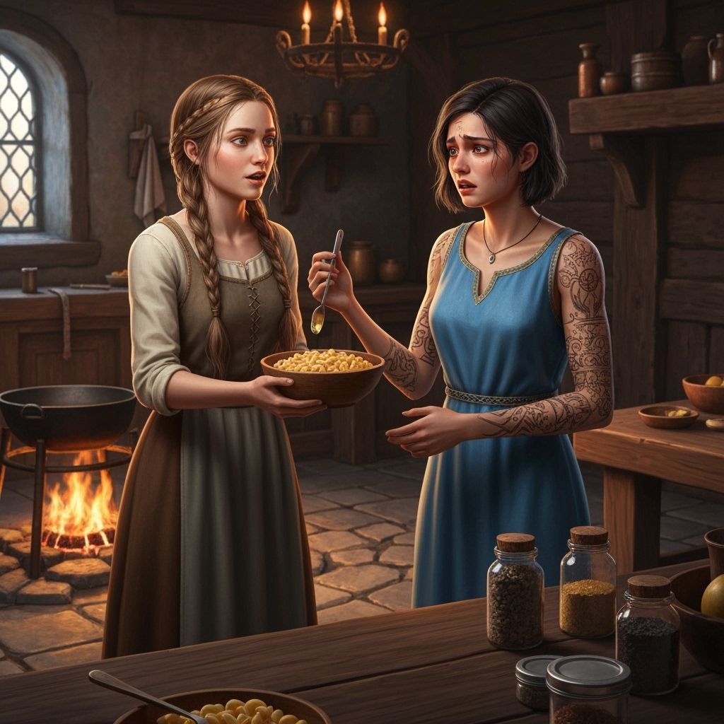 Medieval Kitchen Scene: Macaroni & Cheese Served