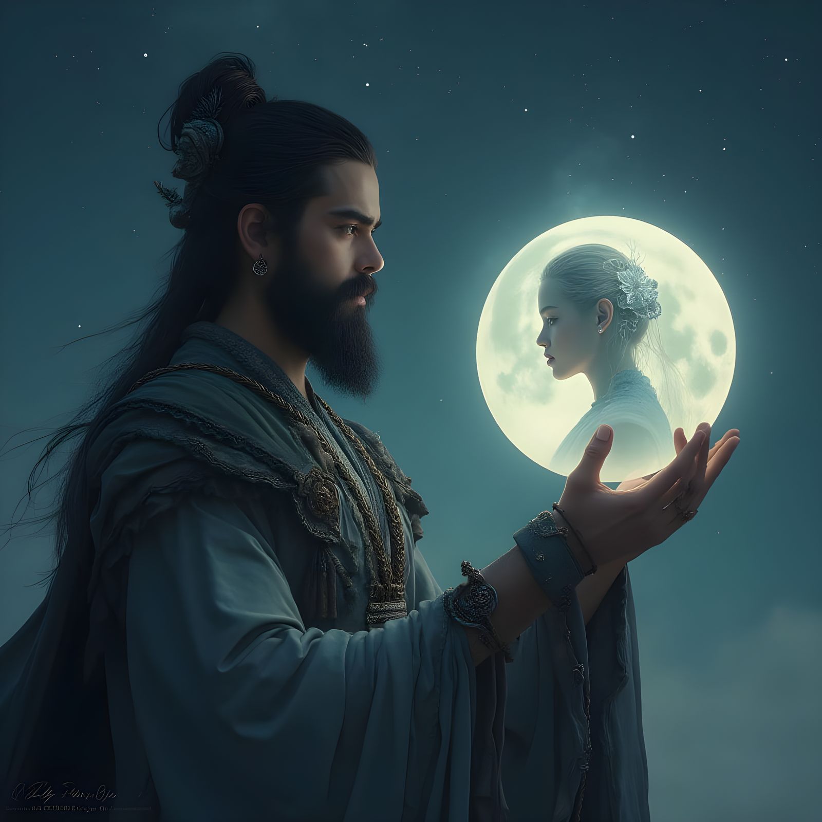 Ethereal Moon Goddess in Ancient Eastern Cosmic Scene