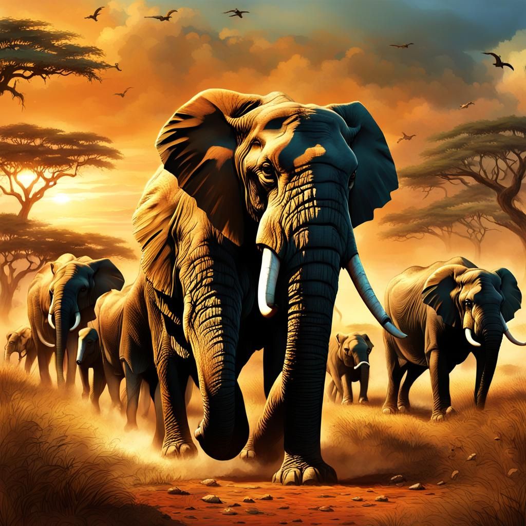 Elephant Herd Defends Against Lions in Savannah