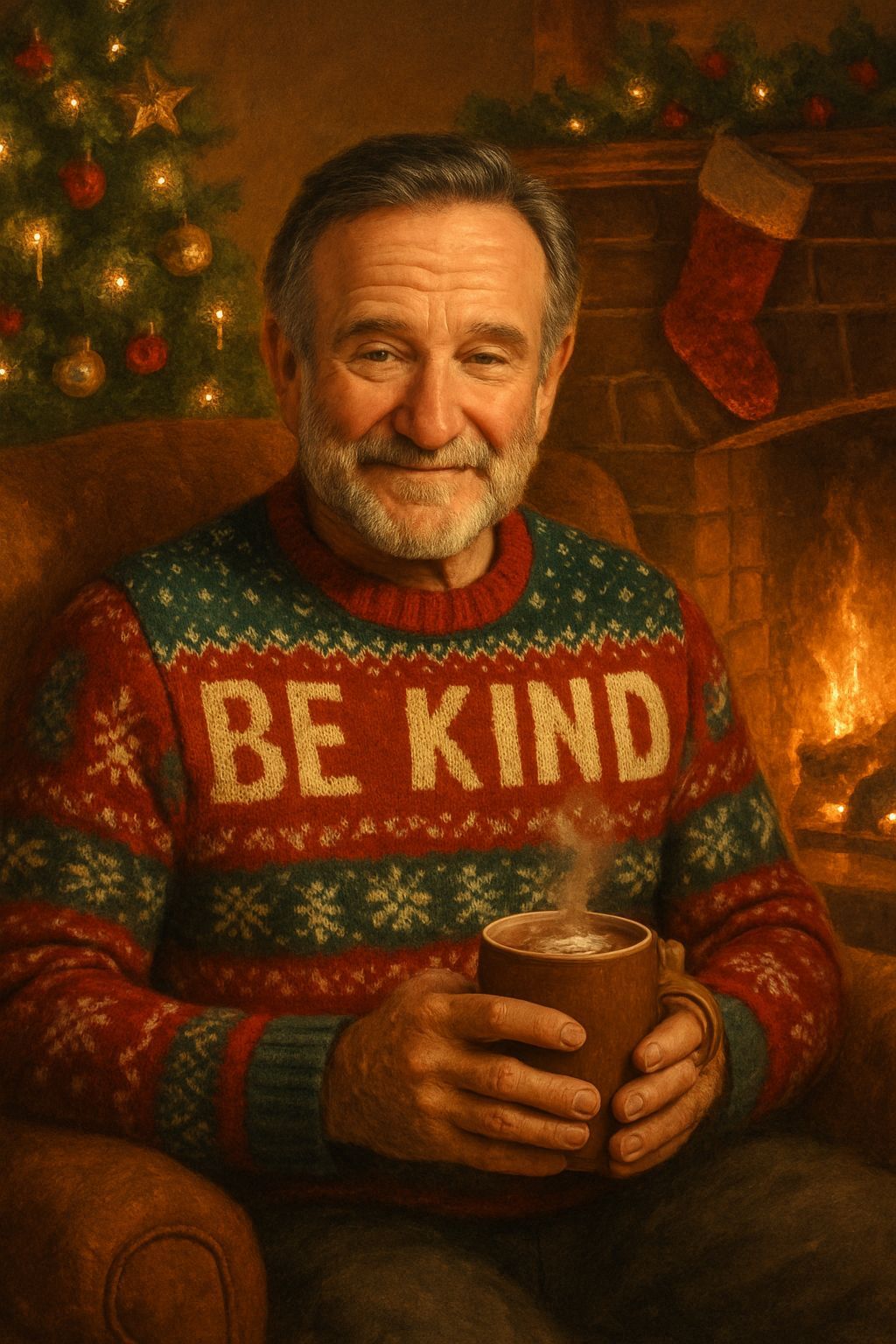 Robin Williams as Cozy Christmas Icon with 'Be Kind' Sweater