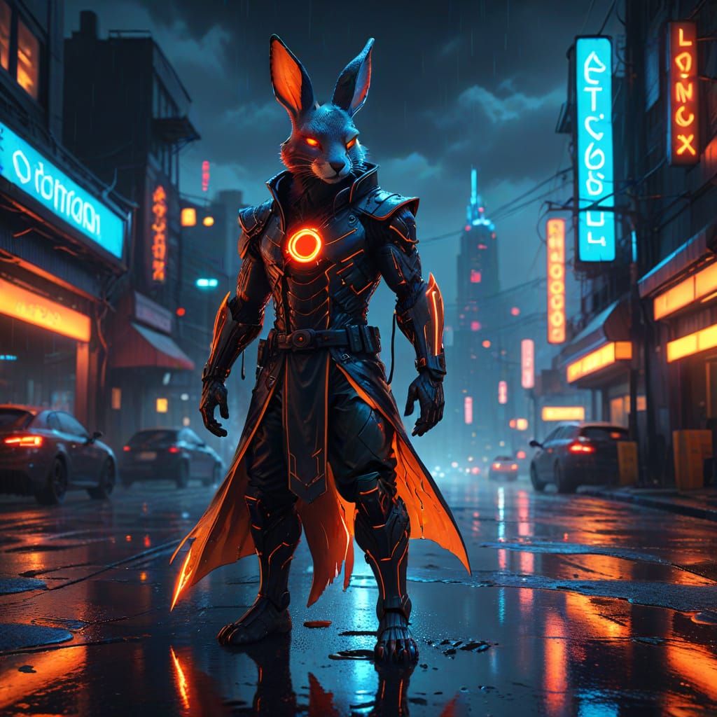 Cyberpunk Warrior in Neon Armor, Amidst a Futuristic Citysca...