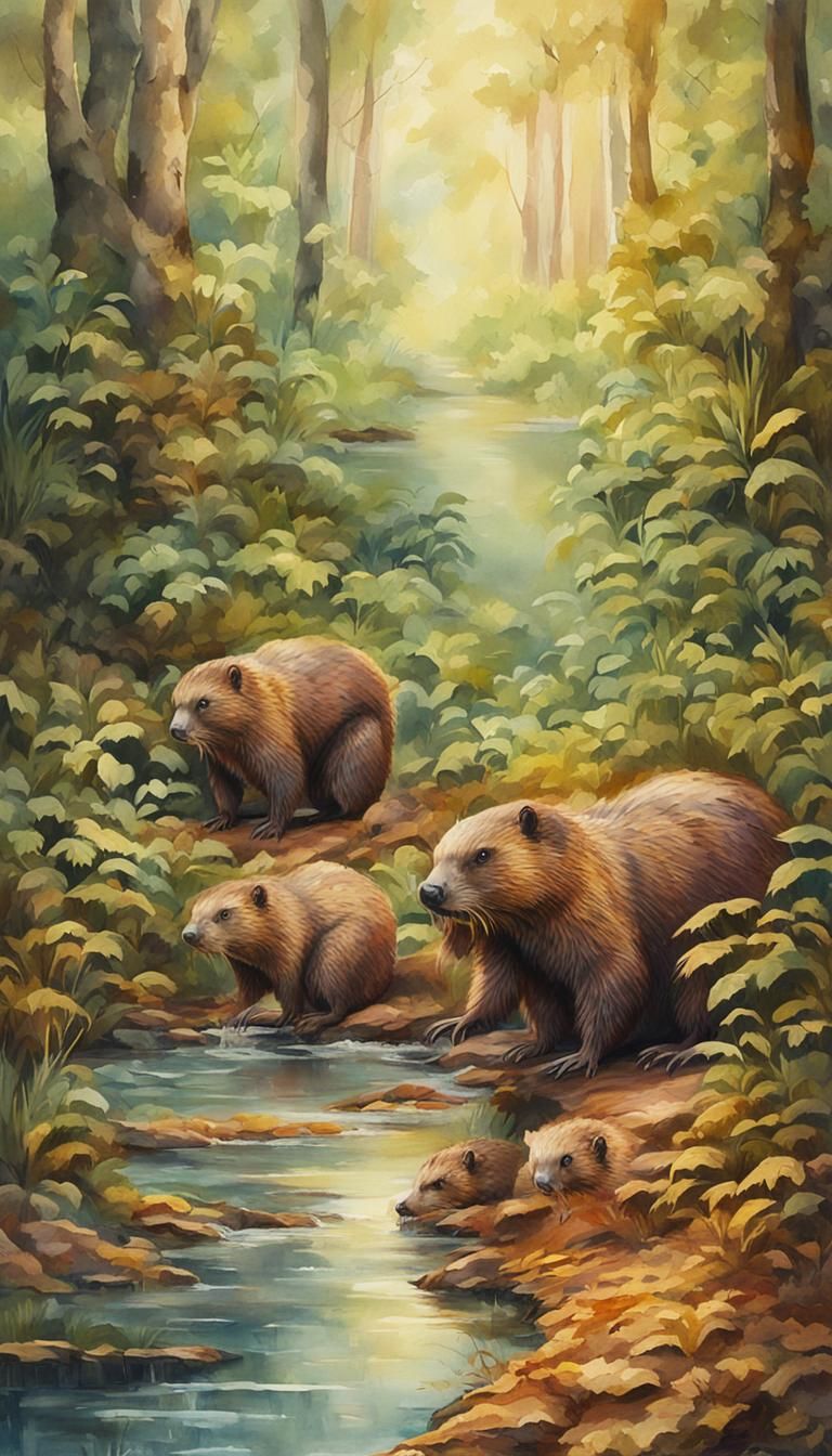 Beaver Family in Amazon Forest: Vibrant Watercolor