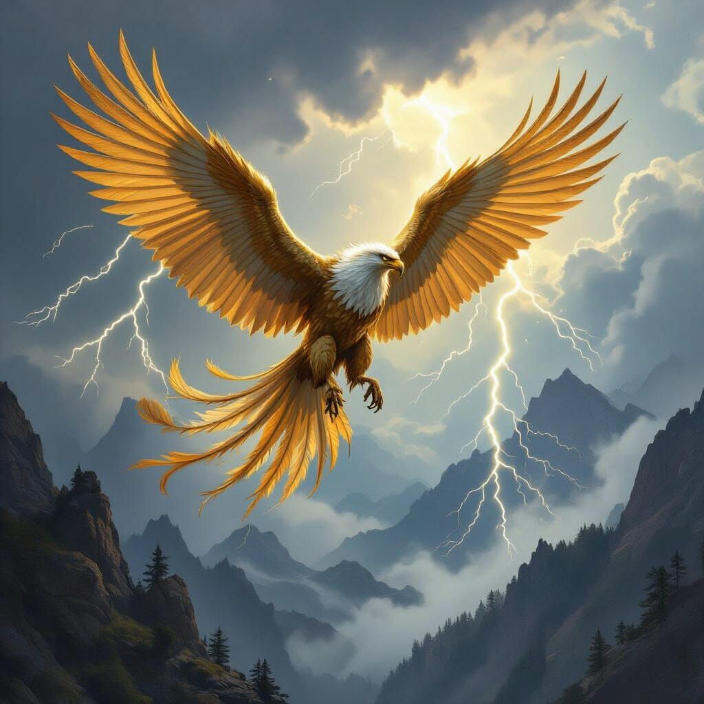 Griffin Soaring Through Stormy Sky in Dramatic Style