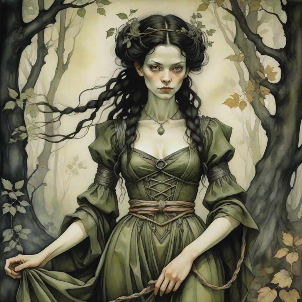 Medieval Sorceress in Whimsical Woodland Scene