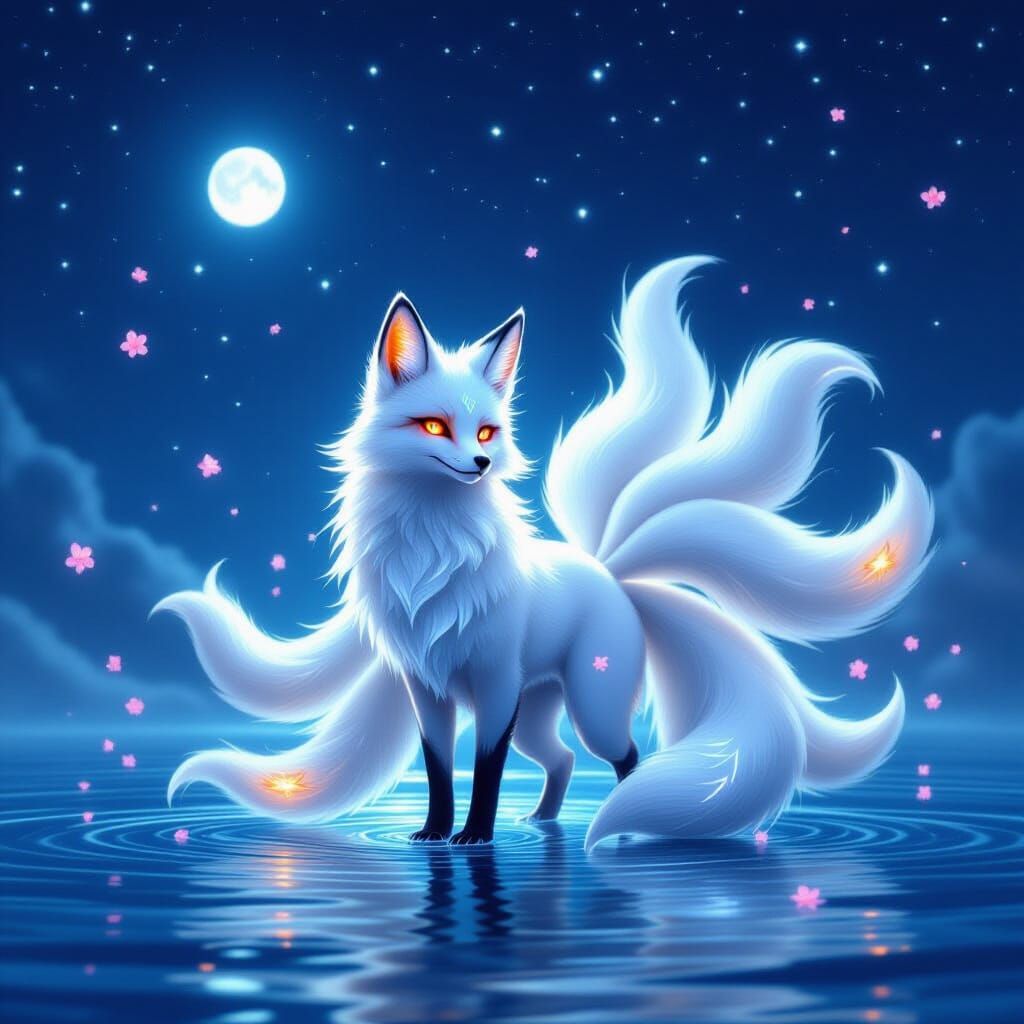 Nine-Tailed Fox in Moonlight Under Starry Sky