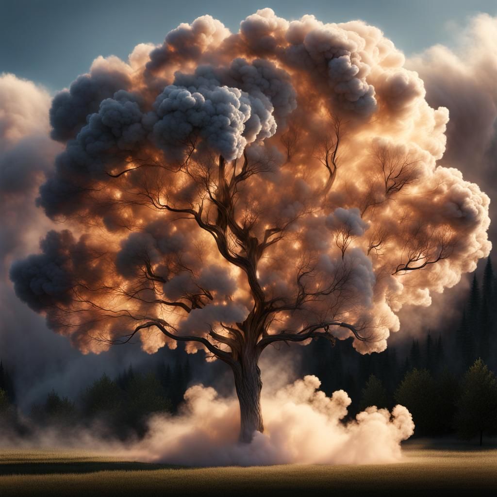 Ethereal Smoke Cloud Tree in Digital Art