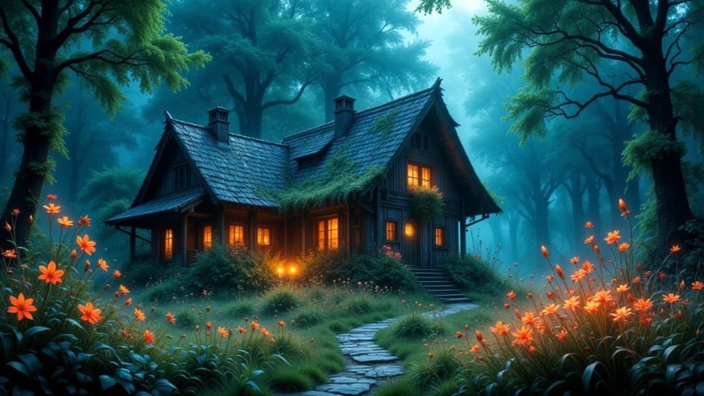 Ancient Chalet in Bioluminescent Alien Forest