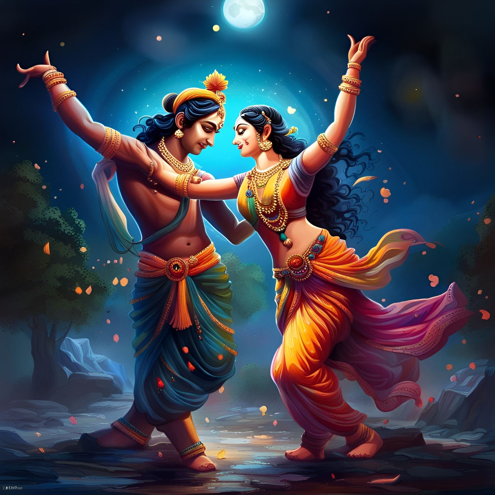 Krishna and Radha Dance in Moonlight: Hyperrealistic Art