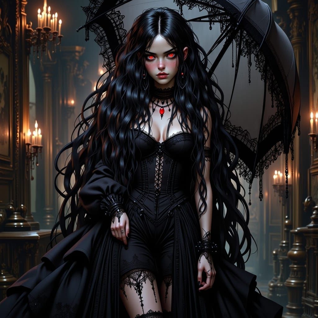 Gothic Lolita in Candlelit Mansion