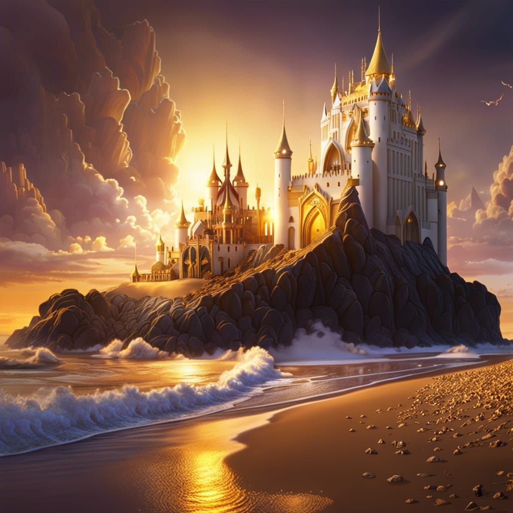 Elvish Golden Beach Castle at Sunset