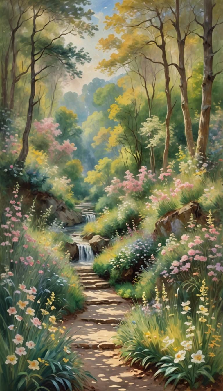 Impressionist Forest Path to Waterfall in Golden Light