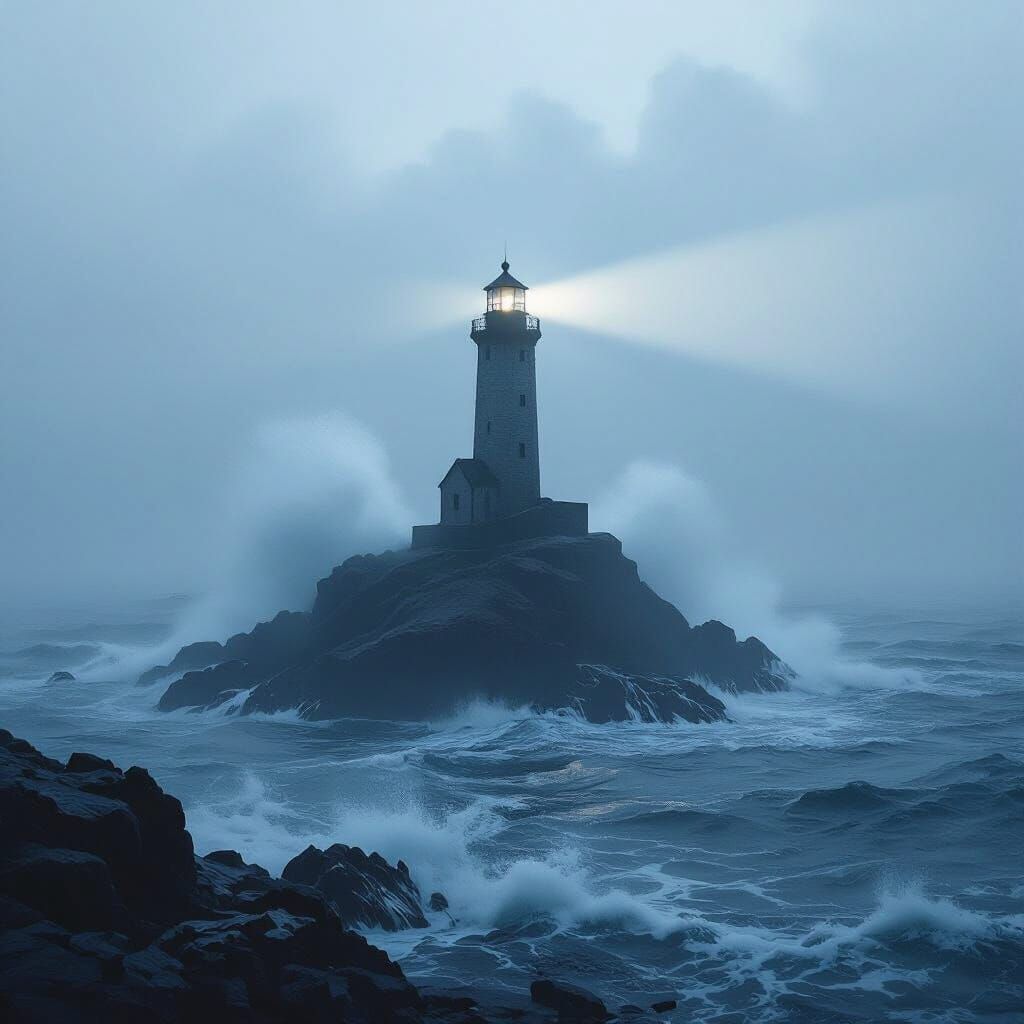 Hyperrealistic Lighthouse Beacon in a Stormy Landscape