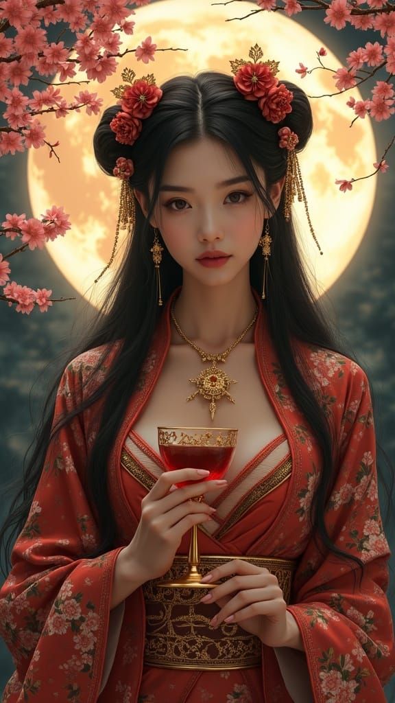Fantasy Portrait of Elegant Asian Woman Under Cherry Blossom...