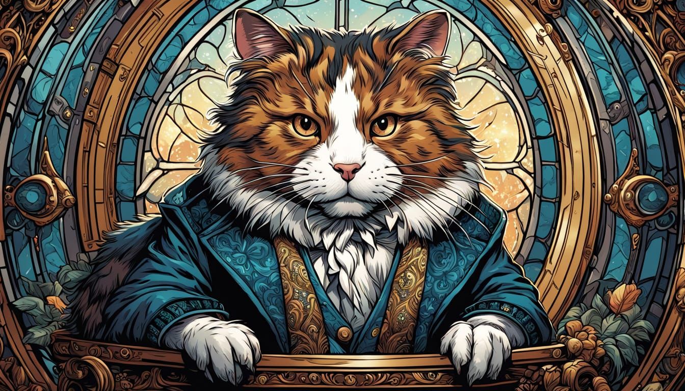 Vintage Parisian Cat Groomer in Elegant Comic Illustration