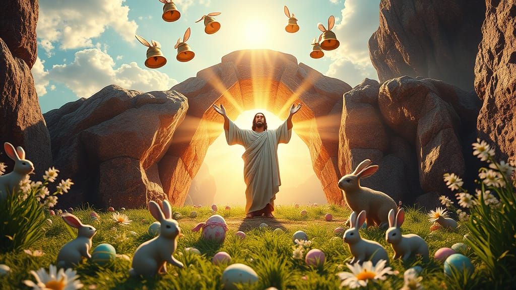 Joyful Easter Scene: Christ Rises from the Tomb in Radiant L...