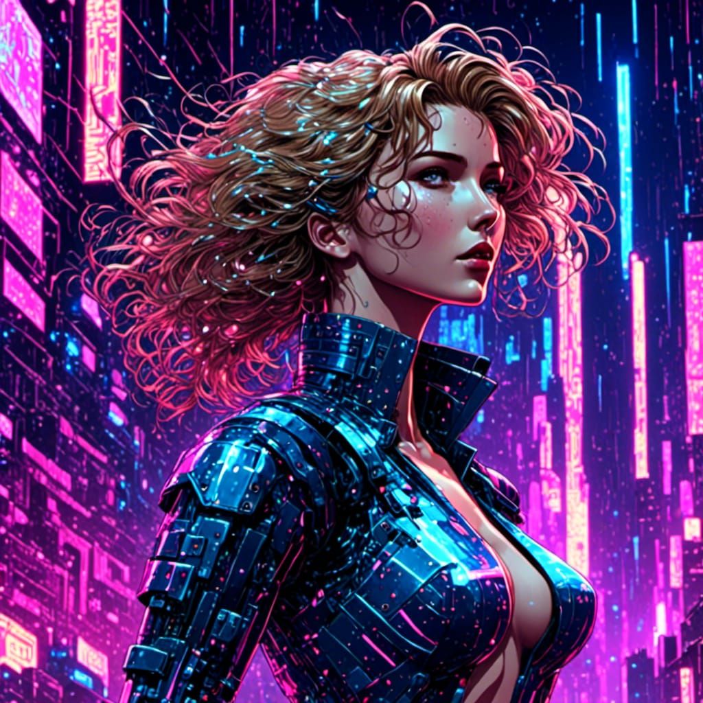 Scarlett Johansson as Motoko Kusanagi in Cyberpunk City