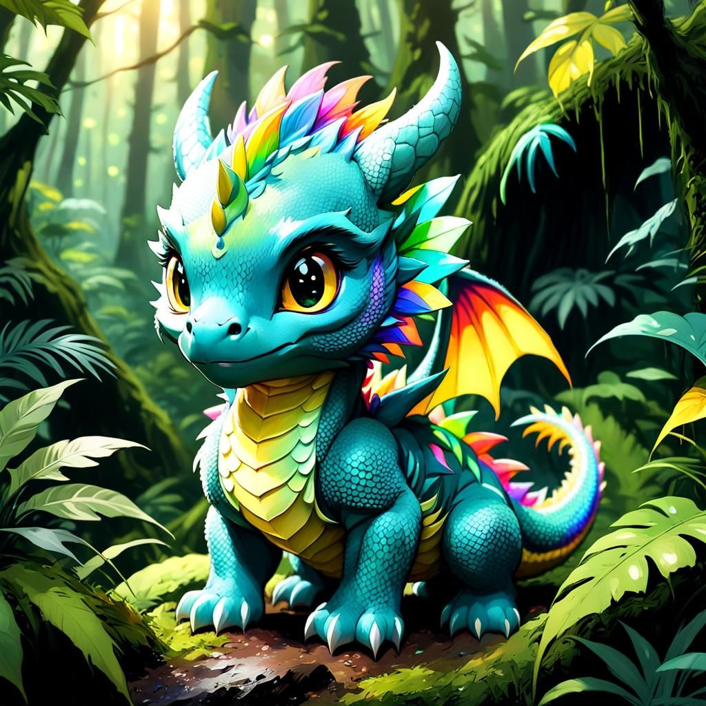 Pastel Forest: Adorable Chibi Dragon with Rainbow Wings