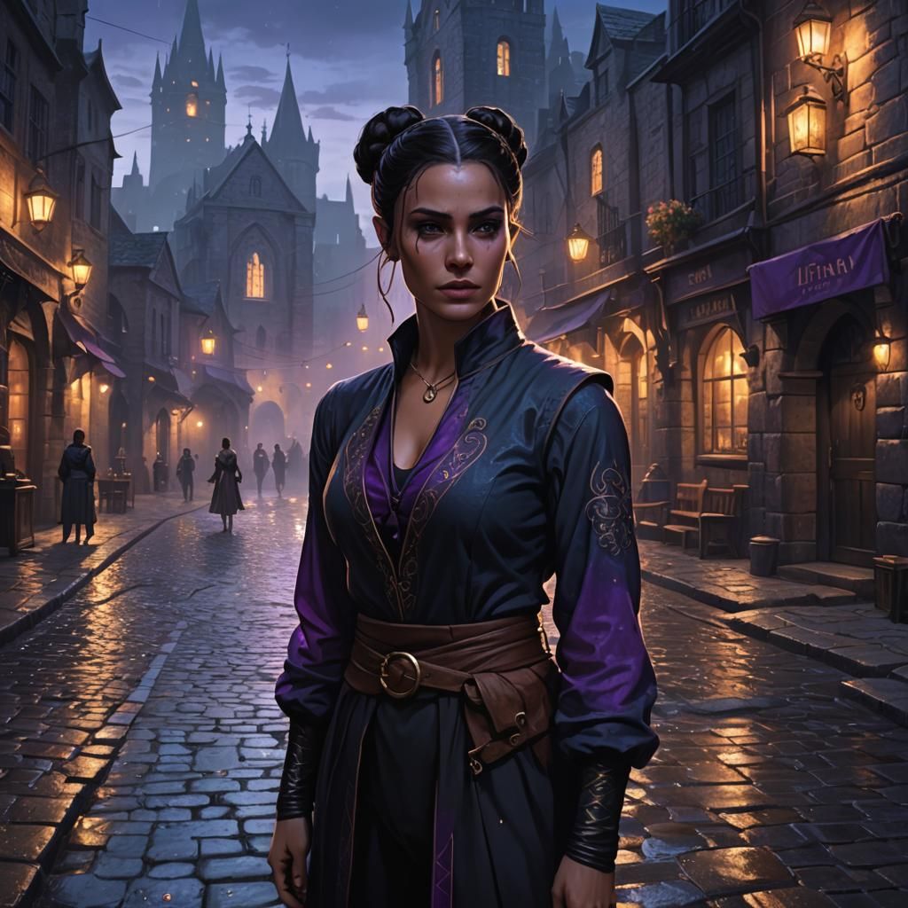 Dark Fantasy Half-Elf in Medieval City