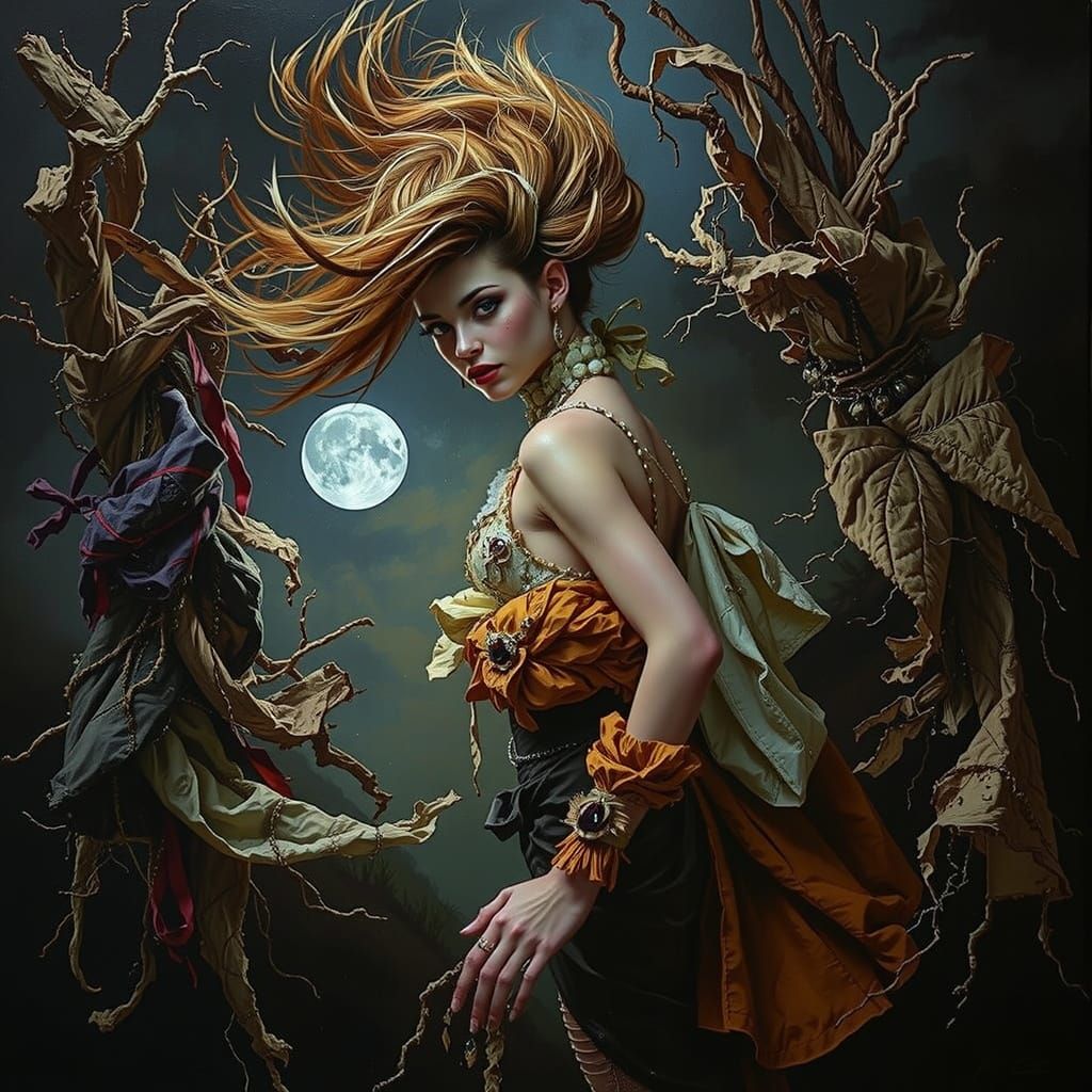 Glamorous Woman on Windswept Moor at Twilight