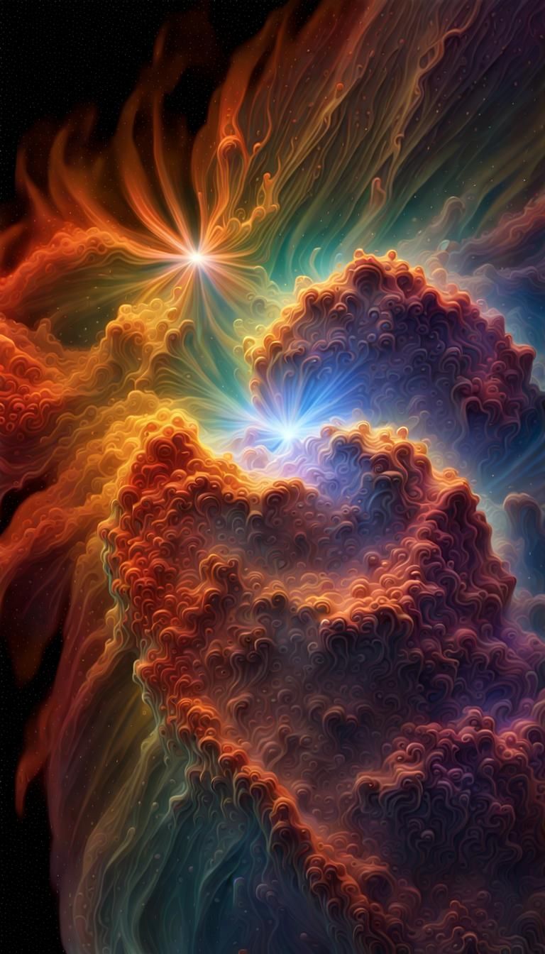A brilliant FAN LIKE stellar IONIZED  nebula with  HIGHLY FRIGHTENING outlines dynamic lighting Eldritch intricately det...