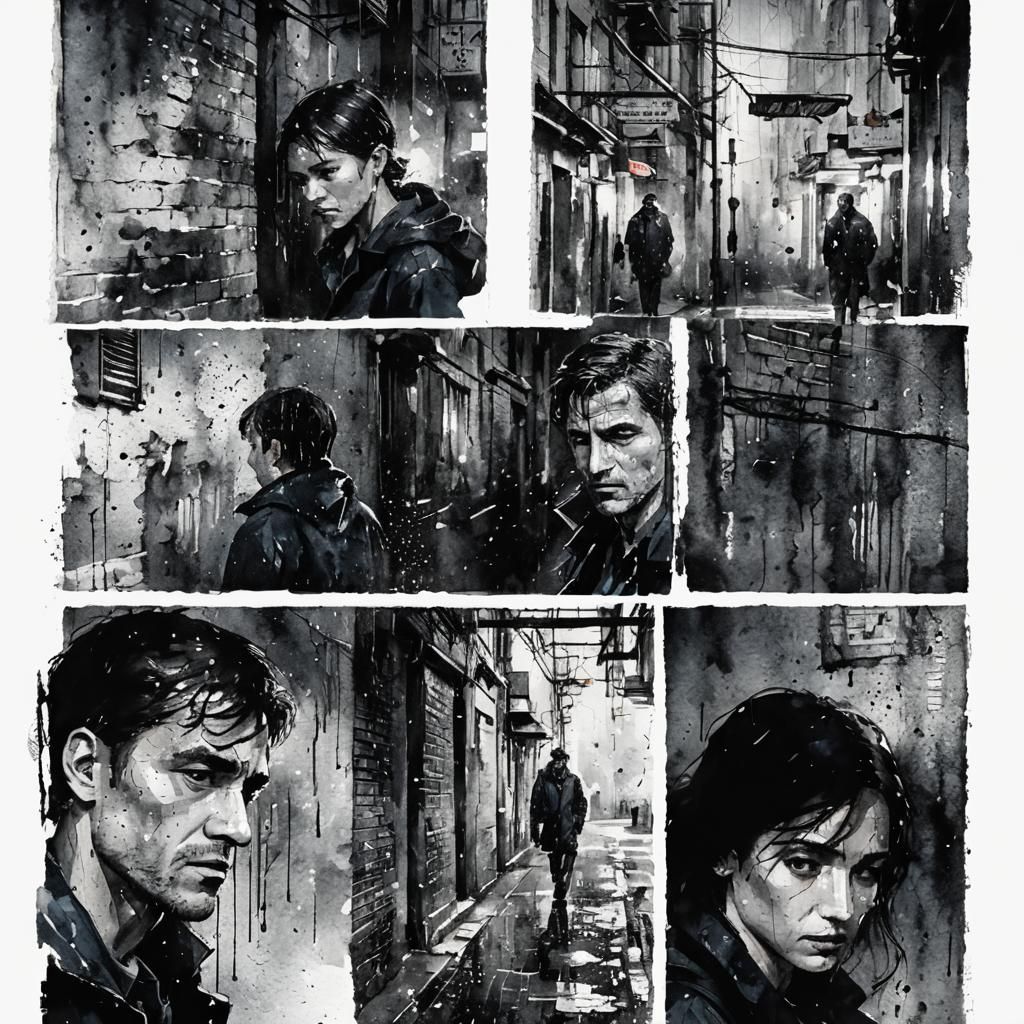 Noir Portrait in Rainy Alleyway, Watercolor Style