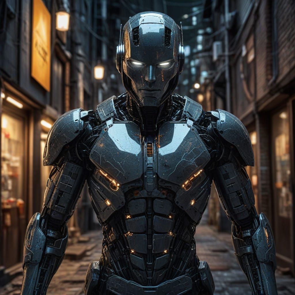 Cybernetic Android in a Moody City Alley